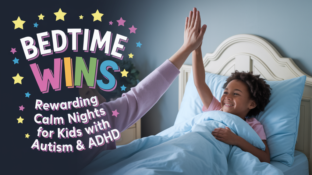 
A smiling child with curly hair, snuggled in a cozy blue bed, high-fives a caregiver wearing a lavender sweater. The text overlay in colorful, playful fonts reads, "Bedtime Wins: Rewarding Calm Nights for Kids with Autism & ADHD," surrounded by bright stars. The scene conveys warmth, encouragement, and a positive bedtime routine.