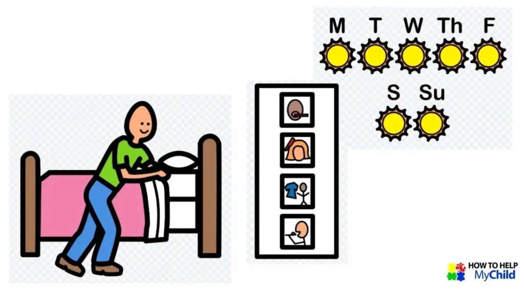 A visual bedtime routine chart displayed on a wall, outlining steps like brushing teeth, putting on pajamas, and reading a book. Visual schedules help kids with autism and ADHD feel prepared for sleep.