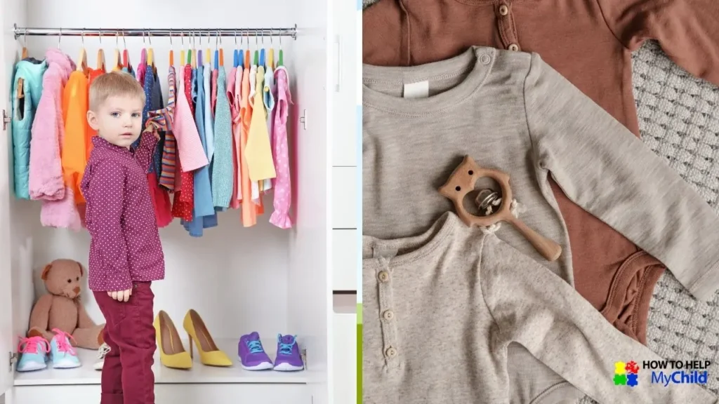 A young child stands in front of a neatly organized closet filled with colorful clothes, preparing for the next day as part of a structured bedtime routine. On the right, a cozy set of soft, neutral-colored pajamas and a wooden baby rattle are laid out, reinforcing the importance of sensory-friendly sleepwear for kids with autism and ADHD. Thoughtful preparation the night before can help reduce stress and create smoother mornings. The "How to Help My Child" logo is visible in the corner.