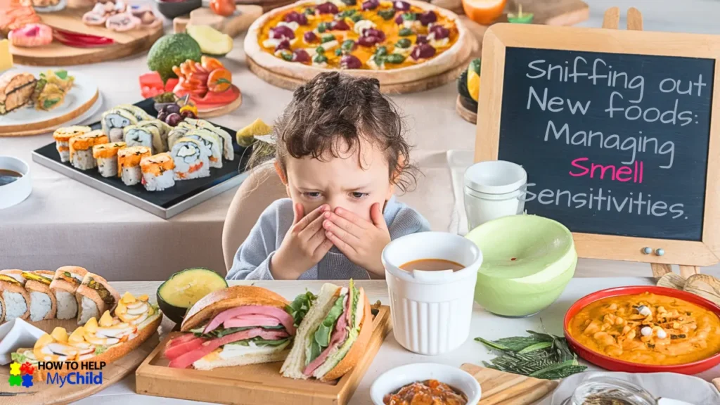 The child seems overwhelmed by strong food aromas, demonstrating a common reaction in picky eaters.