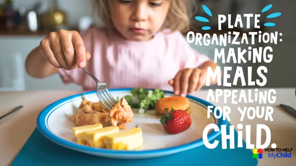 A young child carefully organizes their food on a blue plate at lunchtime so the food doesn't touch.