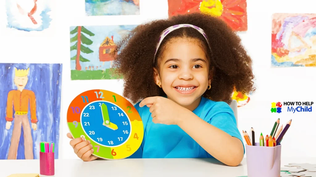 Happy child learning time with color-coded clock — a visual tool supporting early ADHD Autism Time Management routines.