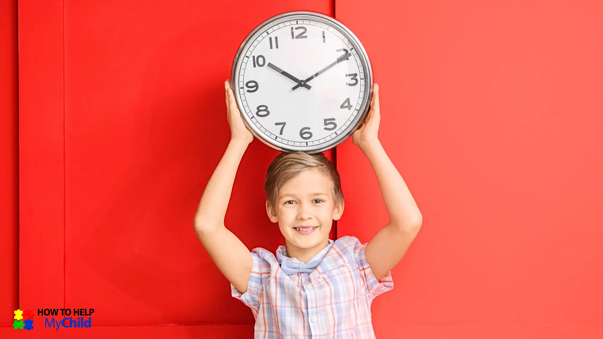 Smiling child proudly holding clock to show progress with time awareness and ADHD Autism Time Management success.