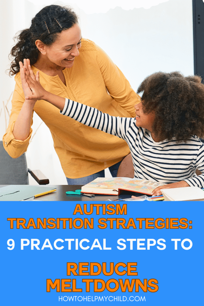 Smiling mom and child high-fiving during a successful homeschool moment. This joyful visual supports the blog on autism transition strategies to reduce meltdowns and improve routine shifts.