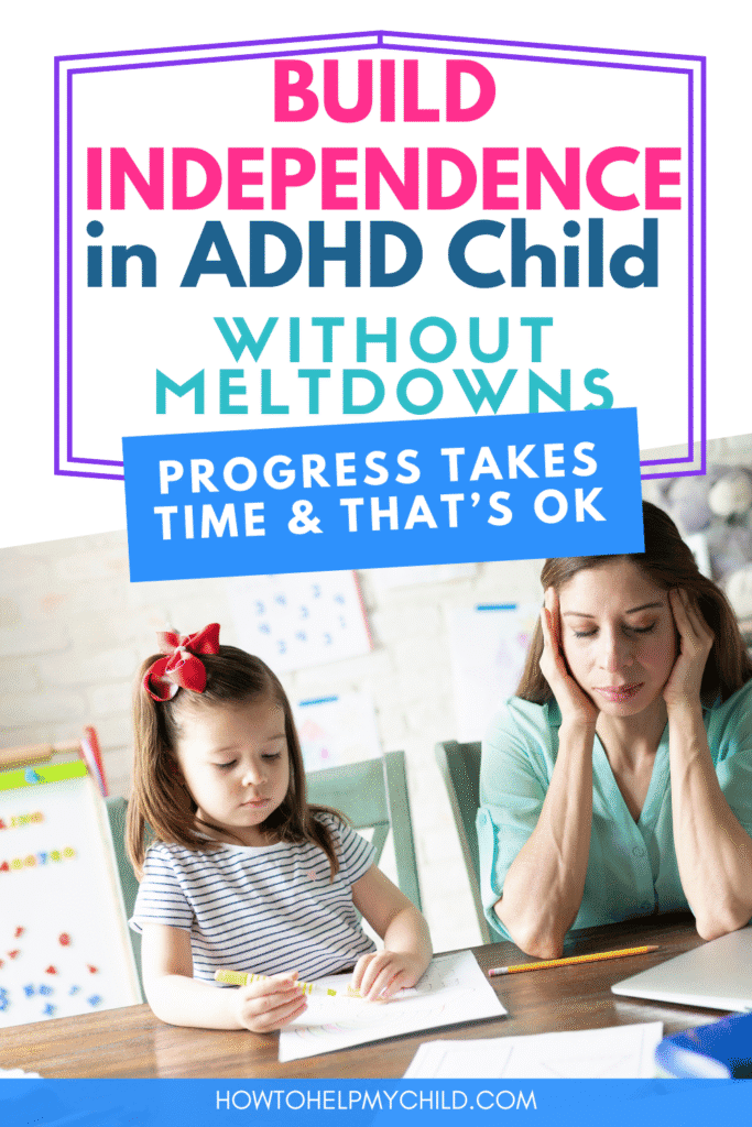 Overwhelmed mom supporting her child with homework, highlighting the daily challenges of trying to build independence in ADHD child.