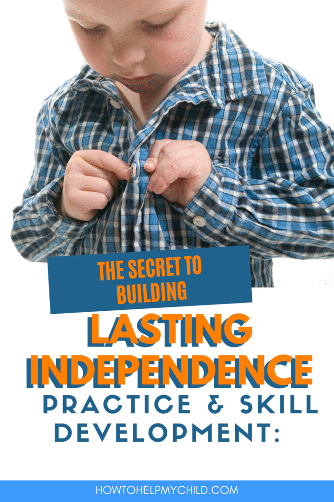 Boy learning to button his shirt independently—a self-care skill that builds independence in ADHD child.