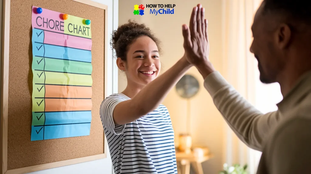 een celebrating chore completion with a high-five, using positive reinforcement to build independence in ADHD child.
