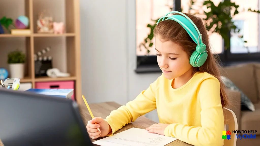 Focused girl using headphones and visual schedule to stay on task, a core part of ADHD Autism Time Management routines.