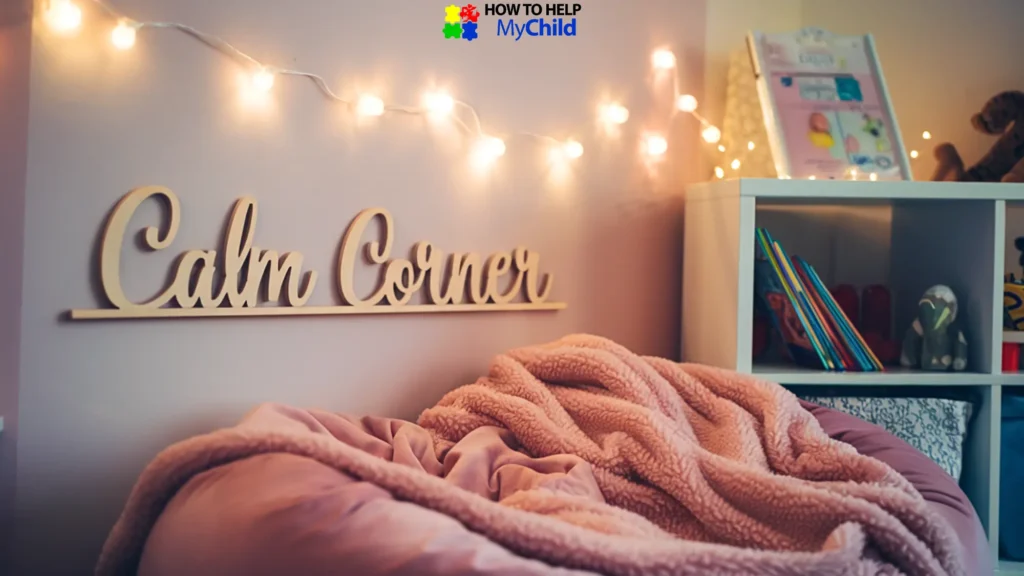 A child sits in a cozy calm down space holding a visual support card, while his mom smiles. Calm down corners provide a sensory-friendly way to prevent meltdowns.