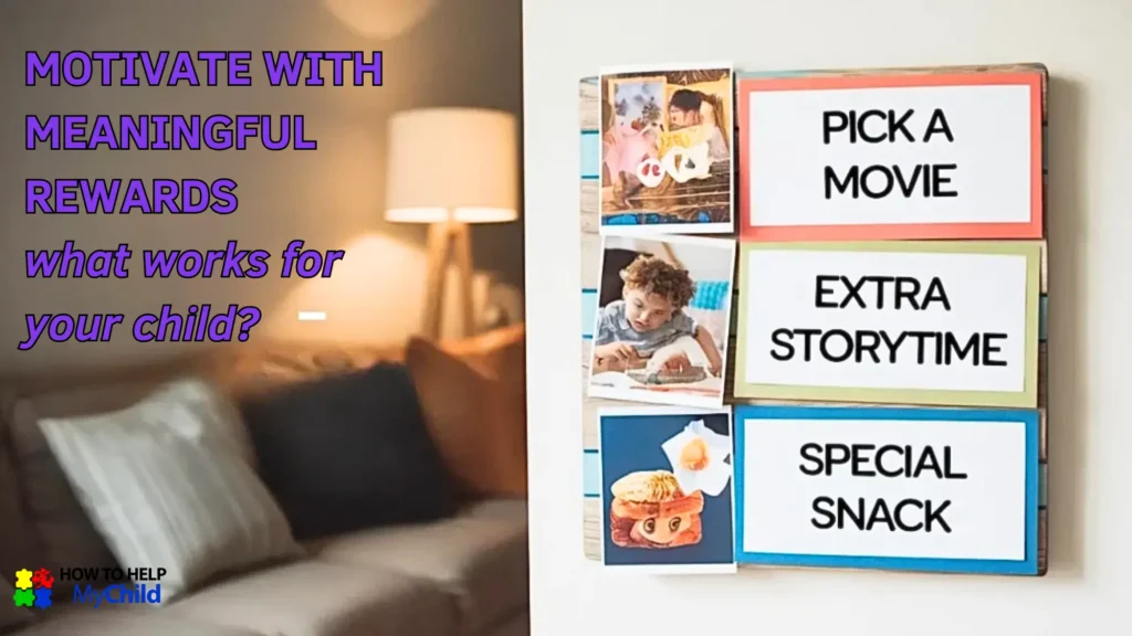 A home reward board displaying choices like ‘Pick a Movie’ and ‘Extra Storytime’ to encourage positive behavior and reduce meltdowns. How To Help My Child shares practical parenting strategies.