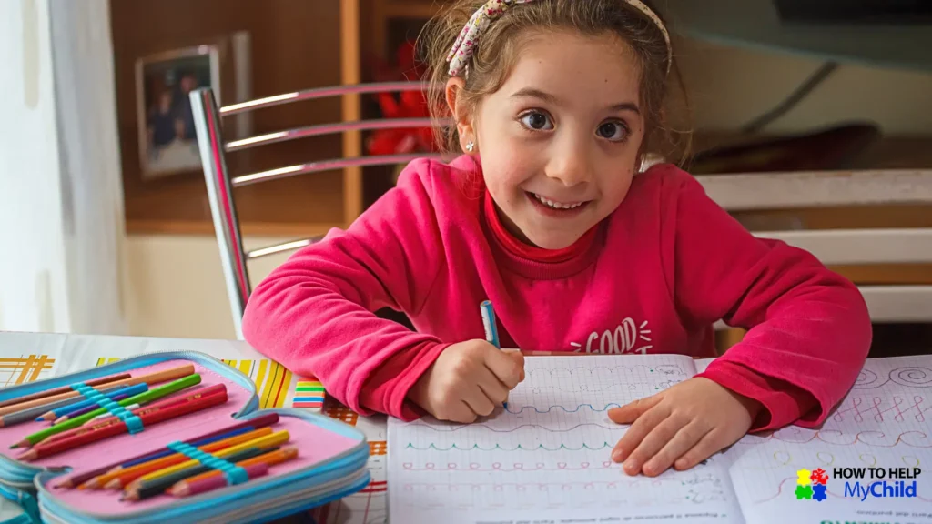 Cheerful autistic child practicing handwriting with colorful pencils and clear structure, showing the joy of learning through organization.