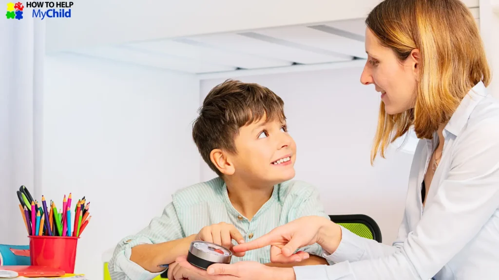 Smiling child learning about transitions with a visual timer and adult support. Timers reduce stress during autism transitions.