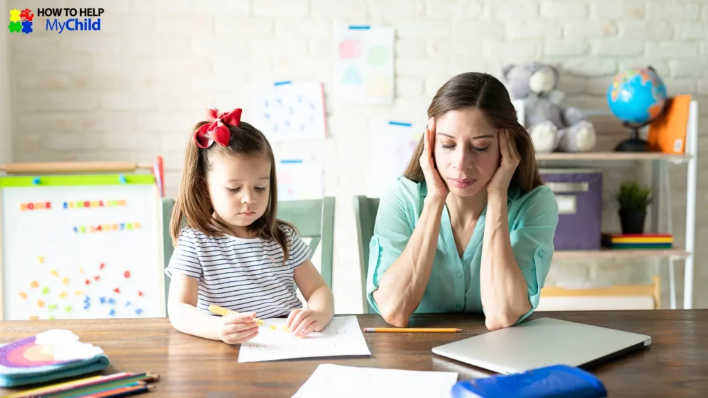 Overwhelmed mom supporting her child with homework, highlighting the daily challenges of trying to build independence in ADHD child.