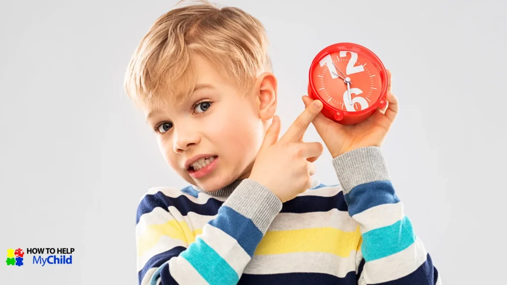 Young child learning about time using a red clock to build time awareness and support ADHD Autism Time Management skills.