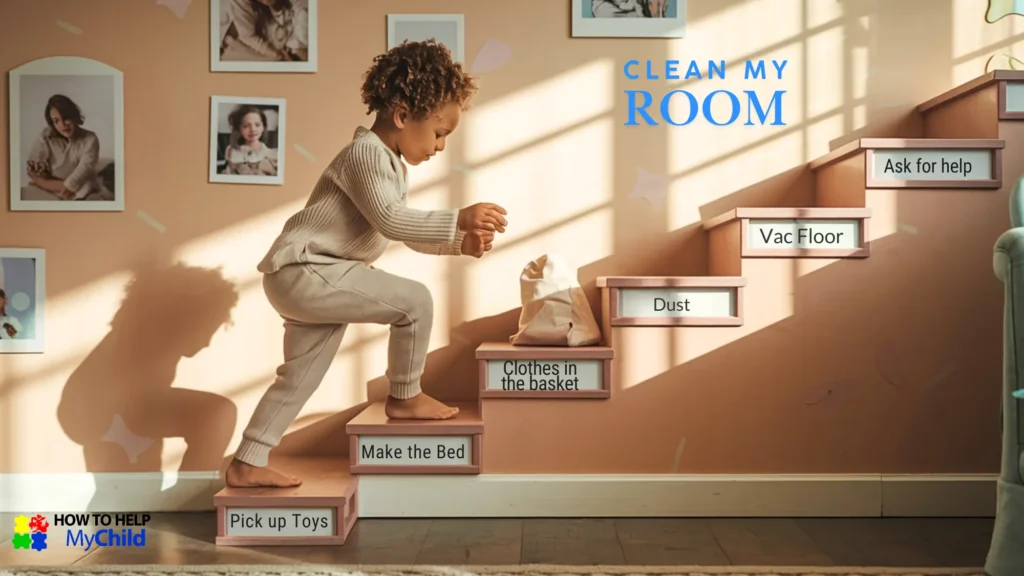Child following a step-by-step routine to clean their room, using visual prompts to build independence in ADHD child.