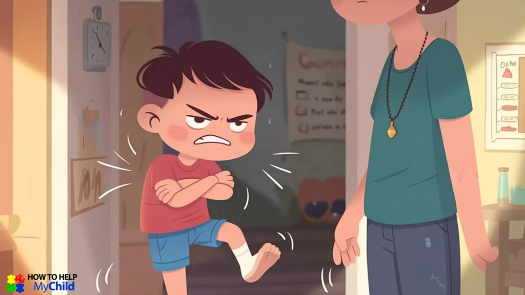 Illustrated image of a young child mid-tantrum—arms crossed, angry expression, and stomping foot—while a calm adult stands nearby. The background includes routine visuals and home elements. This image represents the frustration side of a tantrum or meltdown moment in neurodivergent children.