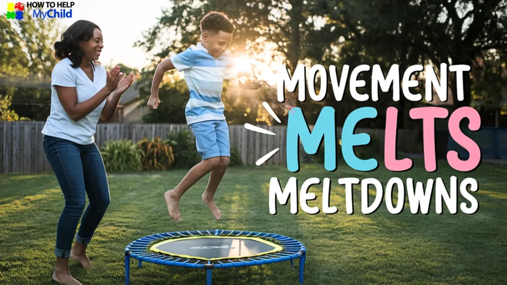 A boy jumps on a trampoline in the backyard while his mom cheers him on. Physical activity like this helps prevent meltdowns by releasing built-up energy.
