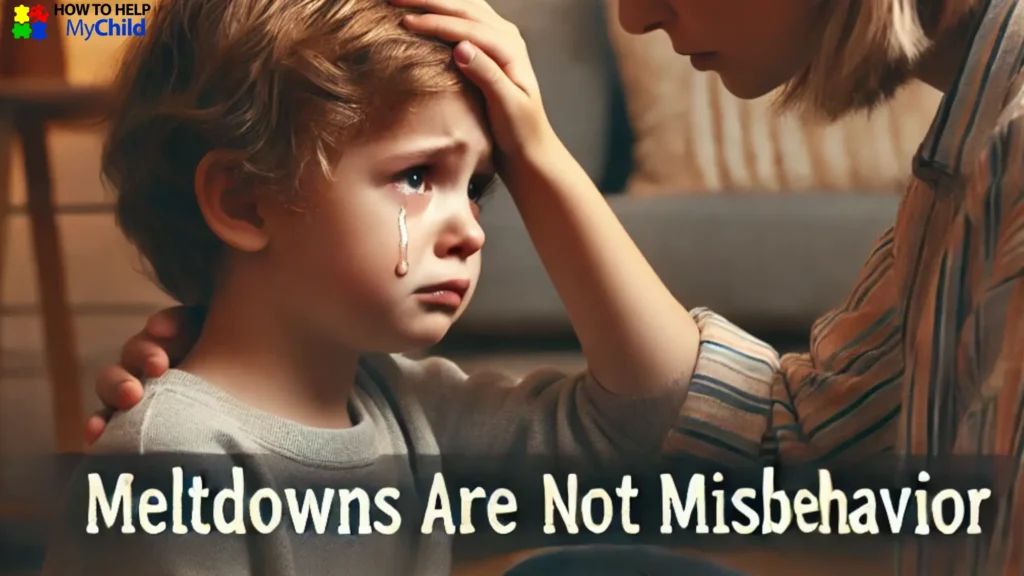 Visual quote stating “Meltdowns are not misbehavior” with an image of a child experiencing sensory overload and a supportive adult nearby, promoting understanding and strategies to prevent meltdowns.