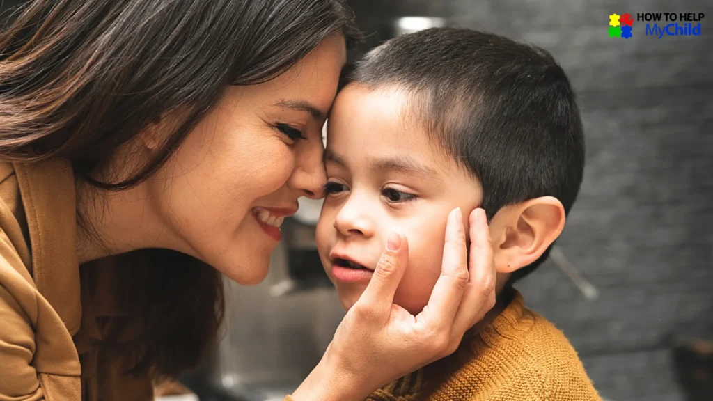 Mother connecting calmly with child during a challenging moment. Modeling emotional regulation supports smoother autism transitions.