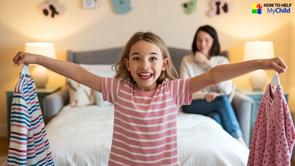 Child making a choice between two outfits, supporting decision-making to build independence in ADHD child.