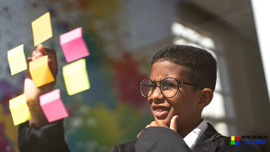 Curious neurodivergent child reviewing color-coded post-it notes, using a visual strategy to stay focused and organized throughout the day.