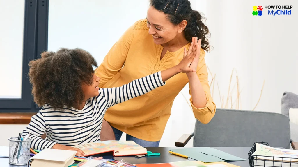 Teacher high-fiving student after a successful transition. Positive reinforcement supports autism transition success.