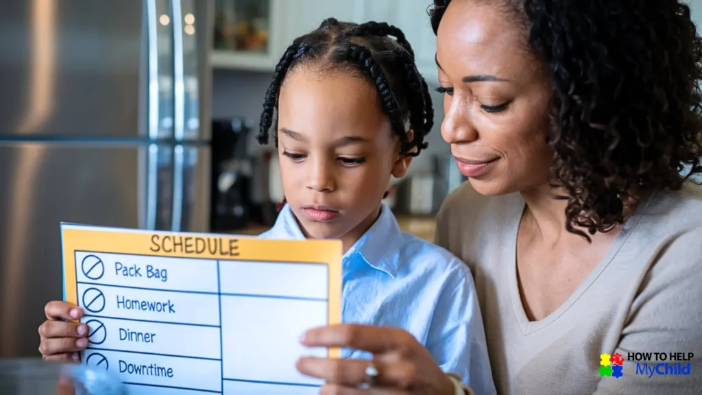 A parent and neurodivergent child reviewing a visual schedule together, surrounded by calming sensory tools. This image reflects proactive ways to prevent a tantrum or meltdown by supporting structure and predictability.