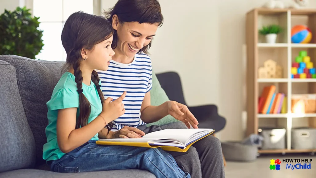 Mother and daughter reading a book together to prepare for change. Social stories reduce anxiety during autism transitions.