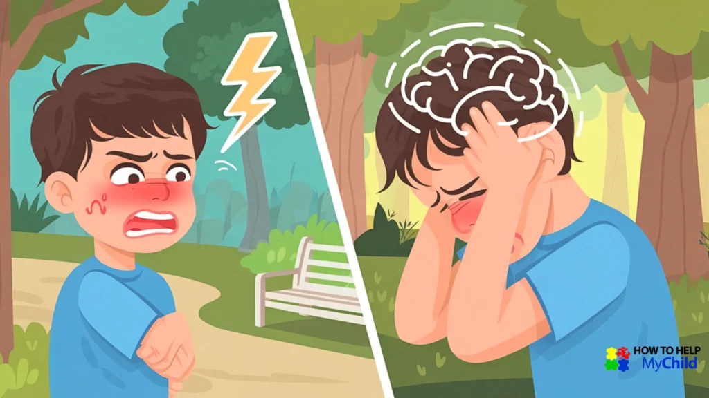 Side-by-side illustration of a child during a tantrum or meltdown. One side shows frustration with boundary-testing, the other shows overwhelm from sensory overload. A visual breakdown to help parents of neurodivergent kids understand the difference.