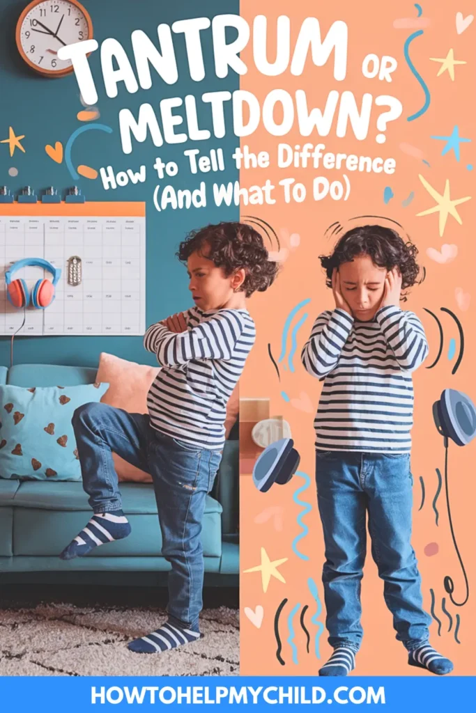 Side-by-side photo of a young boy experiencing a tantrum or meltdown. On the left, he stands with arms crossed in frustration; on the right, he covers his ears, overwhelmed. The background includes playful illustrations and home elements like a couch, visual calendar, and noise-canceling headphones. Text overlay reads: “Tantrum or Meltdown? How to Tell the Difference (And What To Do).”