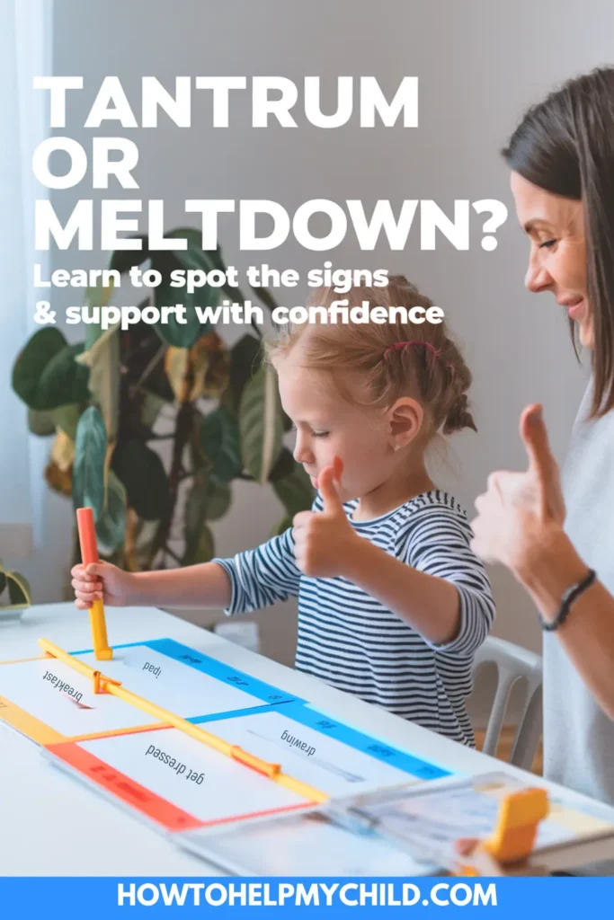 A young girl gives a thumbs up while using a visual schedule with a smiling adult beside her. The image illustrates proactive tools for preventing a tantrum or meltdown in kids with autism or ADHD. The scene includes routine cards labeled with tasks like “breakfast” and “get dressed.” Text overlay reads: “Tantrum or Meltdown? Learn to spot the signs & support with confidence.”