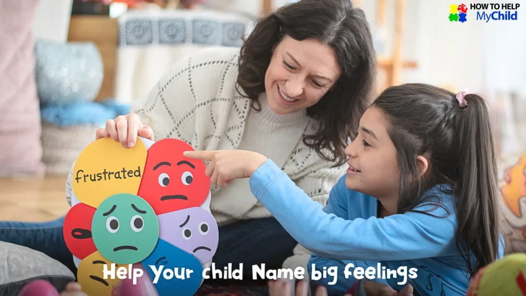 A mom and daughter explore an emotion chart together. Identifying emotions helps prevent meltdowns by teaching emotional regulation skills.