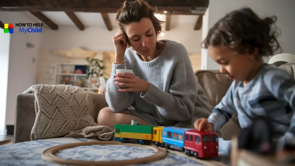 A mom sits quietly with a warm drink while her child, plays calmly nearby. This comforting scene reminds moms they’re not alone—even during tantrum or meltdown moments—and reflects emotional resilience in real life.