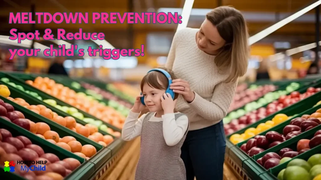 A mother helps her child put on noise-canceling headphones in a grocery store to prevent sensory overload and reduce meltdowns. How To Help My Child shares ways to manage sensory triggers.