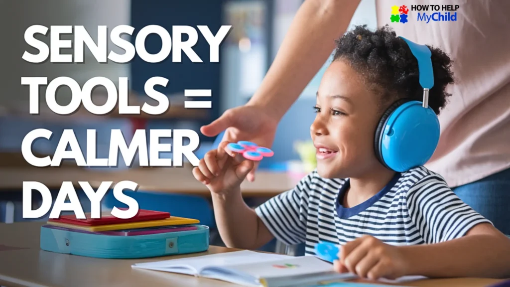 A smiling child wearing blue noise-canceling headphones spins a fidget toy at a school desk. Sensory tools like these help prevent meltdowns by supporting regulation.