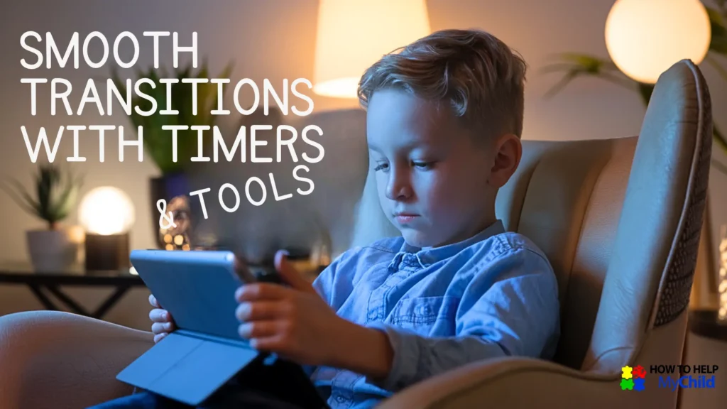 A young boy sits calmly using a tablet, surrounded by warm lighting. Text reads “Smooth Transitions with Timers & Tools.” Visual timers help prevent meltdowns during transitions.