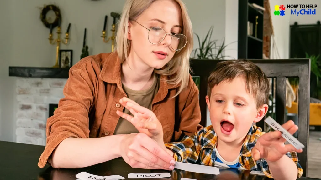 Mom supporting young autistic child using flashcards to guide a task. Visual cues help clarify autism transitions.