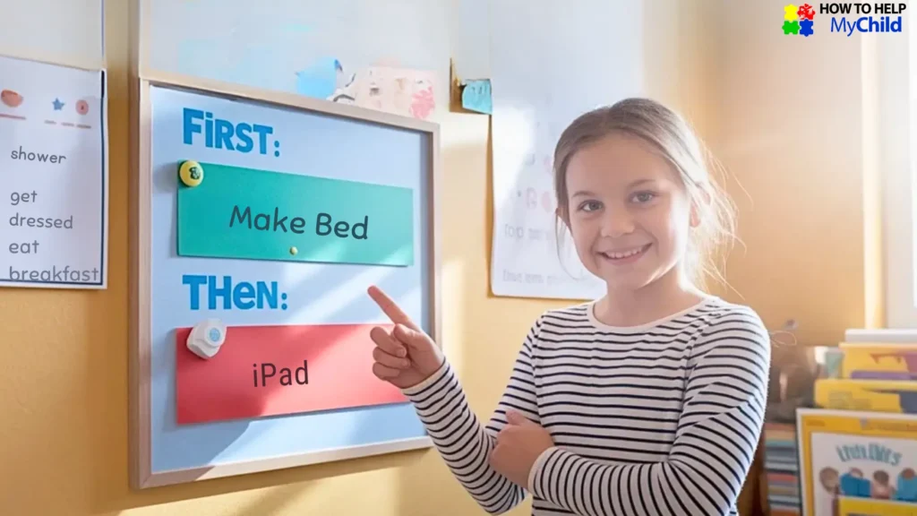 Autistic girl pointing to a visual “First-Then” schedule that promotes independence, structure, and routine for smoother transitions.