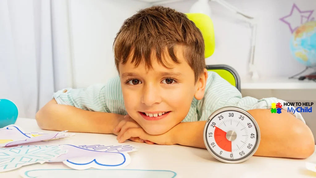 Happy boy with ADHD using a visual timer during learning time, helping him feel calm, organized, and supported.