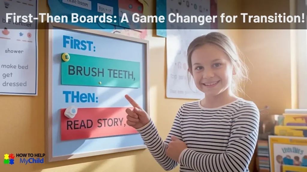 A young girl pointing at a First-Then board displaying simple transition steps. Visual aids help reduce meltdowns by improving predictability and reducing anxiety. HTHMC promotes structured tools to support children with autism & ADHD.