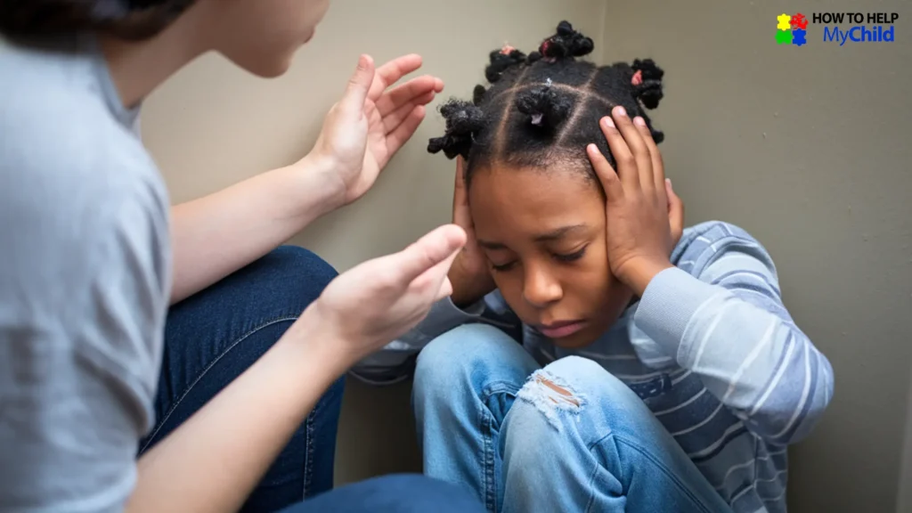 A child with autism or ADHD in a sensory meltdown, covering their ears in a quiet corner while a parent offers nearby support. This visual highlights how a tantrum or meltdown may look when sensory overload is involved.