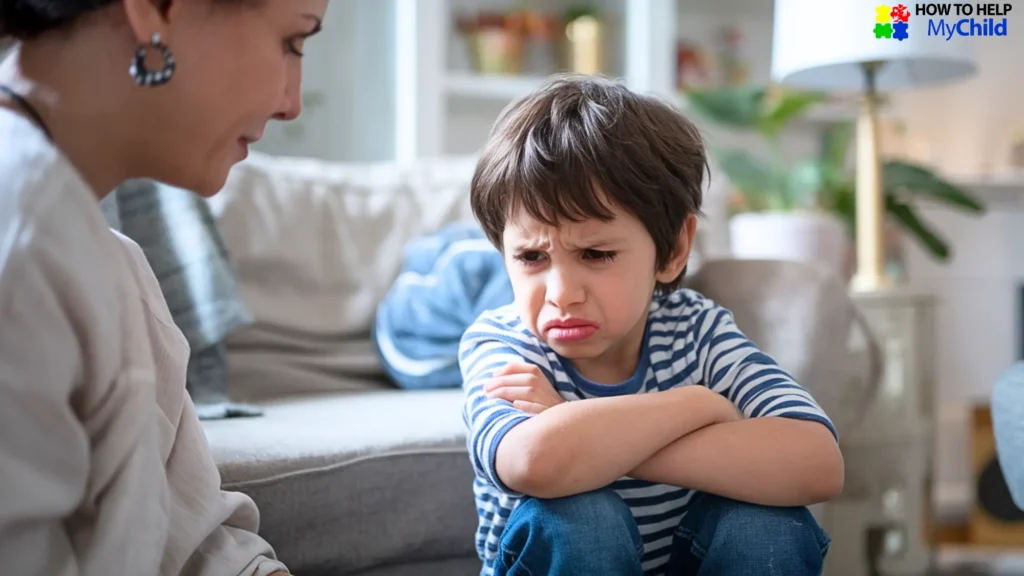 A child showing signs of frustration during a tantrum, arms crossed and glancing at their caregiver. This image represents one side of a tantrum or meltdown moment, helping parents understand the difference through visual cues like timers and routines