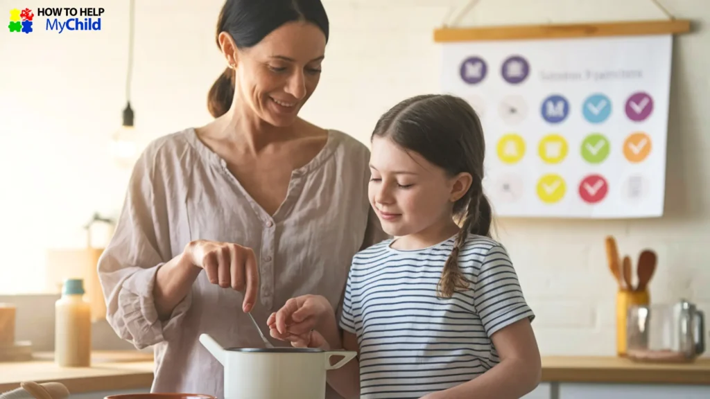 Mom teaching daughter how to cook, using daily life skills to build independence in ADHD child.
