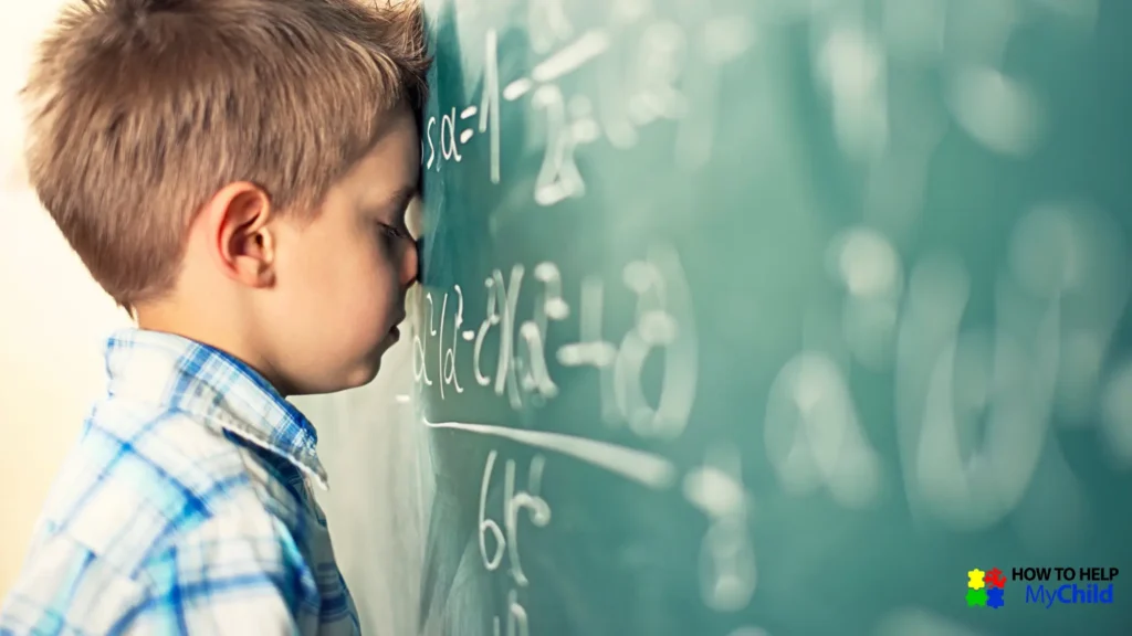 Frustrated boy with ADHD struggles to focus on schoolwork, highlighting challenges with ADHD Autism Time Management in the classroom.