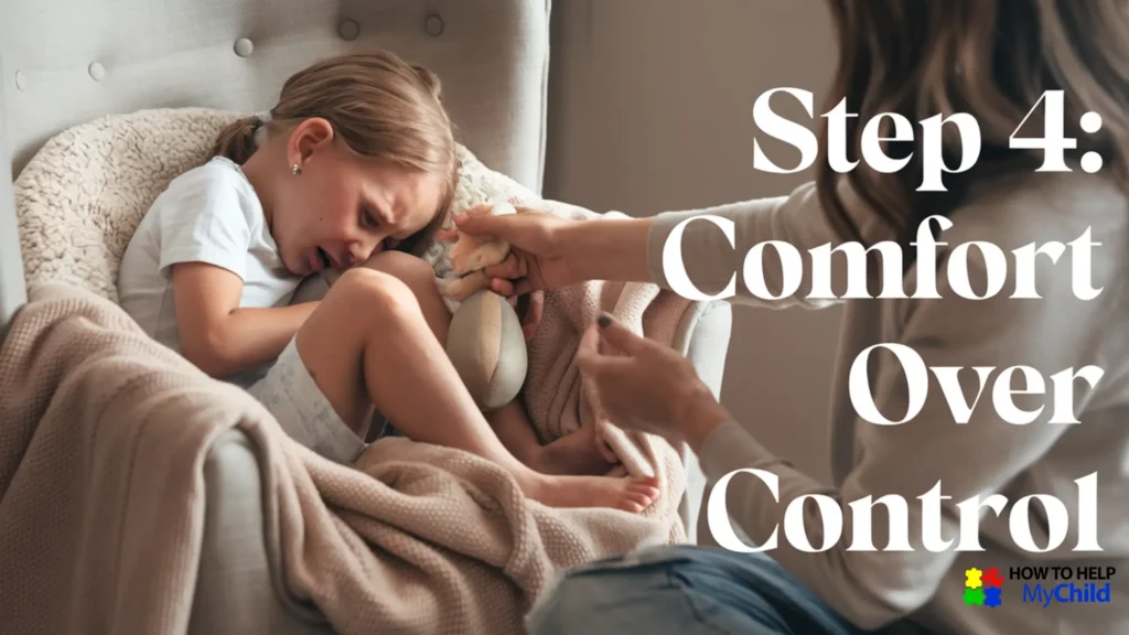 Parent gently offering a comfort item while giving space to a child in distress, showing how to manage meltdowns with compassion instead of control.
