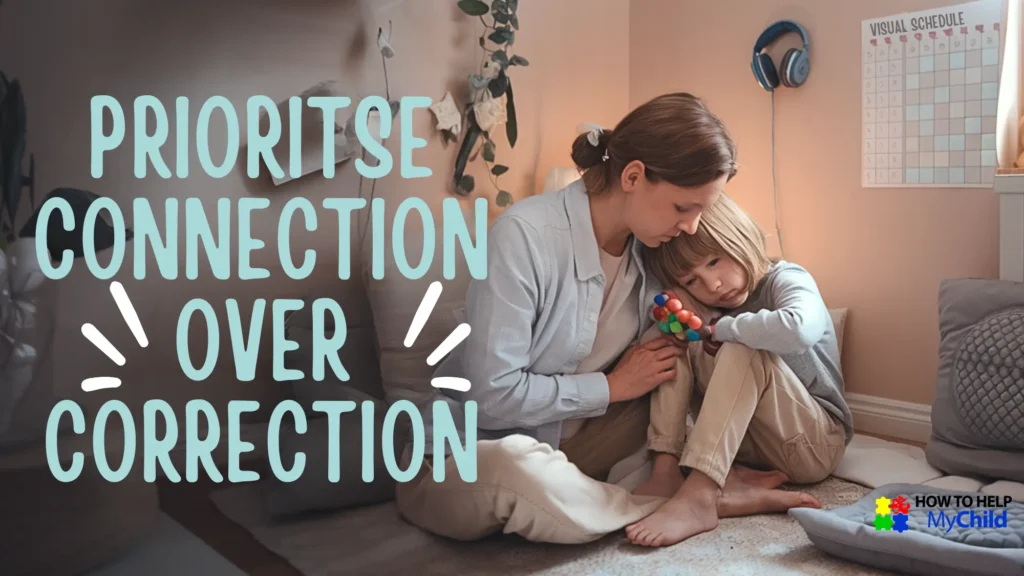 A parent calmly supporting their child during a tantrum or meltdown. The child holds a fidget toy, while the environment includes headphones, visual supports like a timer and calm-down space. Designed to show practical, compassionate responses.