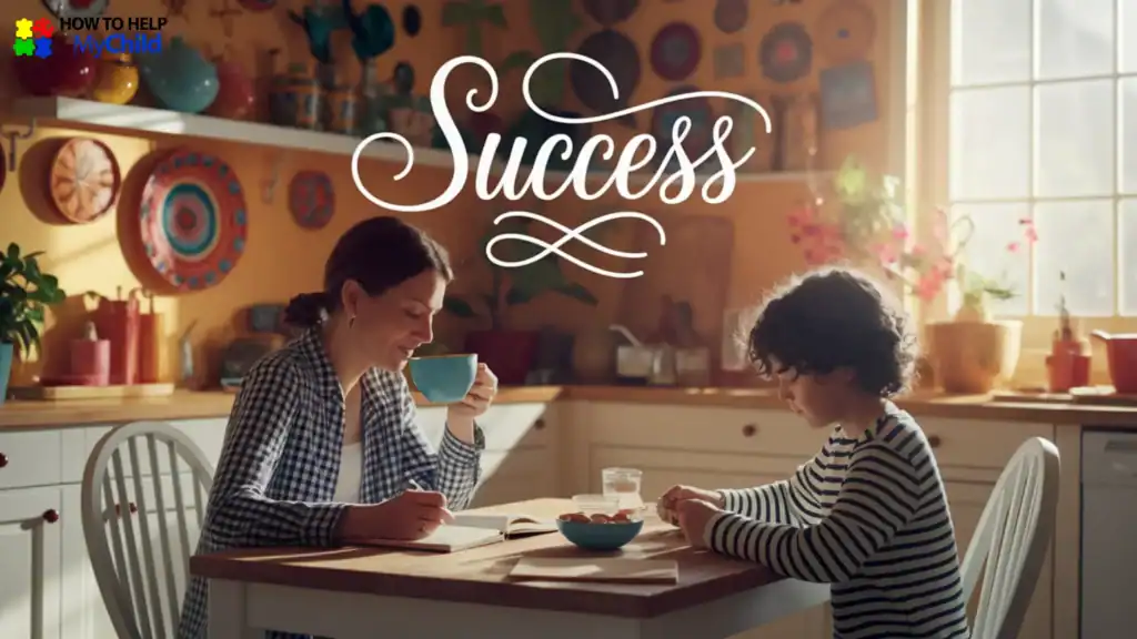 Mom and child celebrating a calm routine moment after completing chores for kids with autism and ADHD, in a warm kitchen space shared by How to Help My Child.