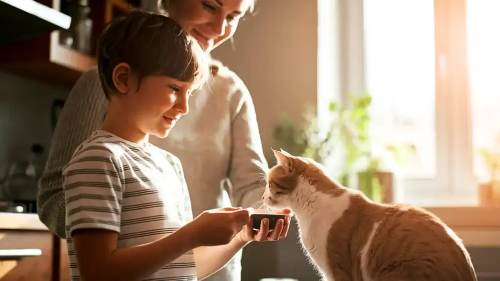 Child proudly feeding the cat with support from mom—highlighting success with small chores for kids with autism and ADHD, featured by How to Help My Child.