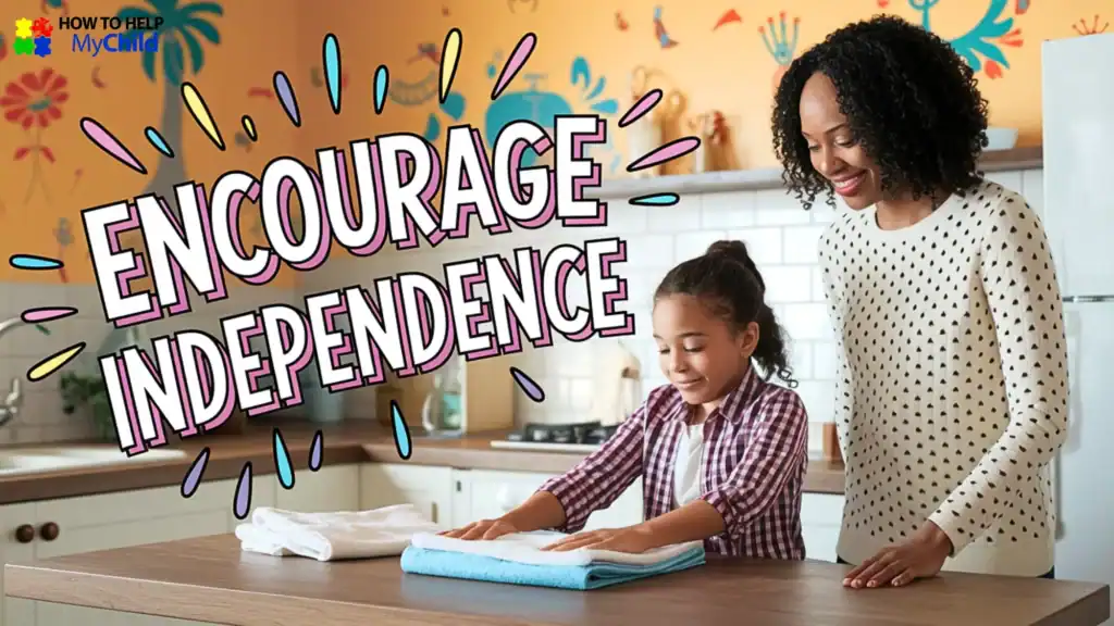 Smiling girl folding towels independently during a chore routine for kids with autism and ADHD, encouraged through tips from How to Help My Child.
