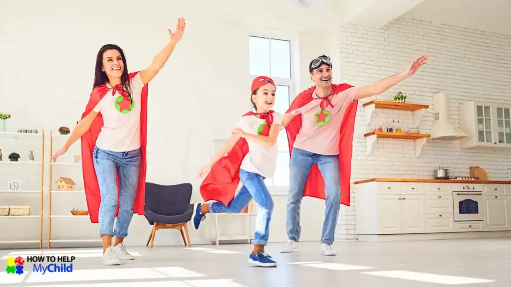 Family in superhero costumes making chores fun for kids with autism and ADHD through play-based routines, inspired by How to Help My Child strategies.